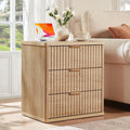 LEYAOYAO 23" Wide Fluted Night Stand with Charging Station, 3 Drawers Large End Table with Storage, Natural Nightstand Wood Bedside Tables, Farmhouse Cabinet Dresser for Bedroom, Closet