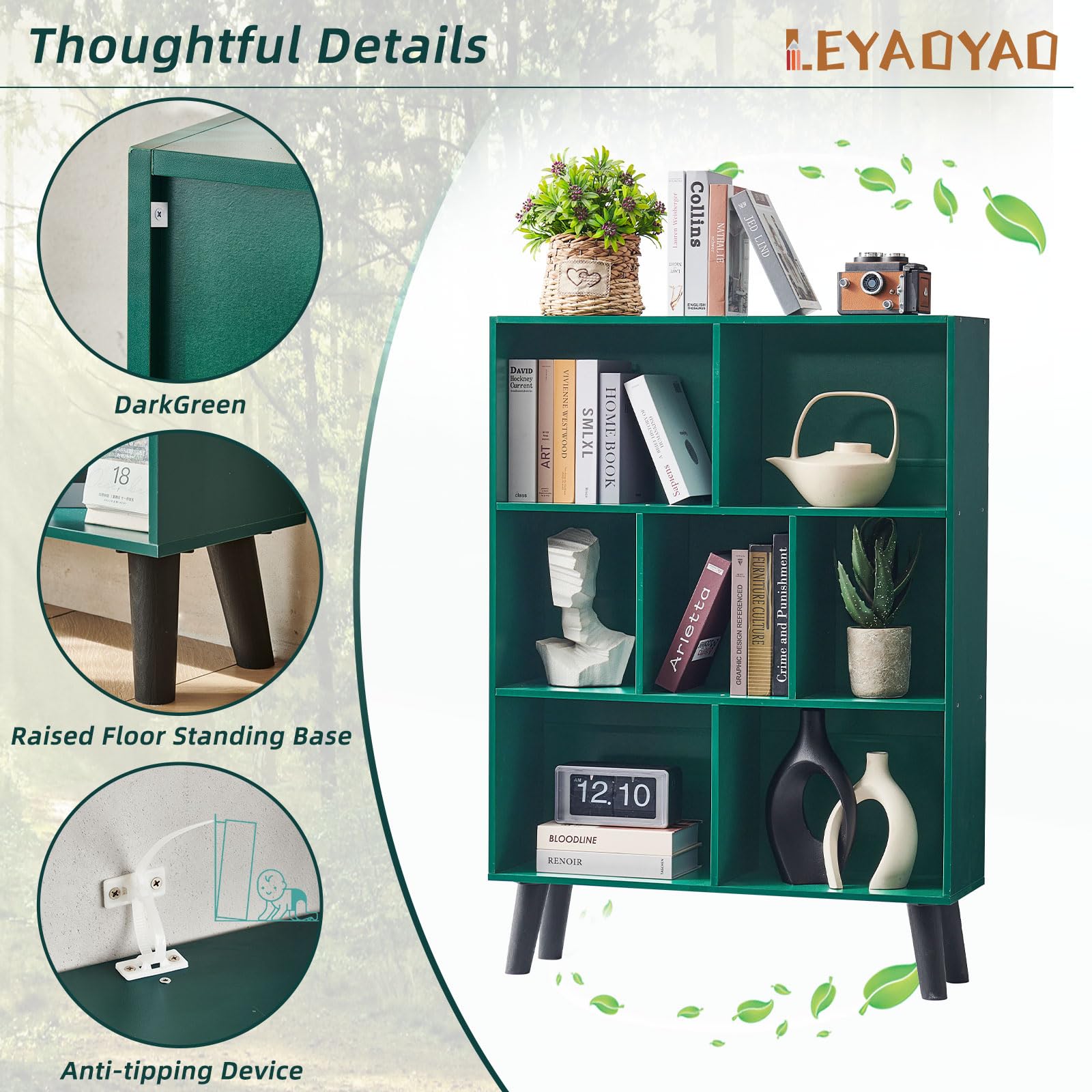 LEYAOYAO 7 Cube Bookshelf, Mid-Century Modern Bookcase Legs,Black Wooden Book Shelves, Wood 3-Tier Freestanding Storage Organizer Display Shelf for Bedroom,Living Room,Office