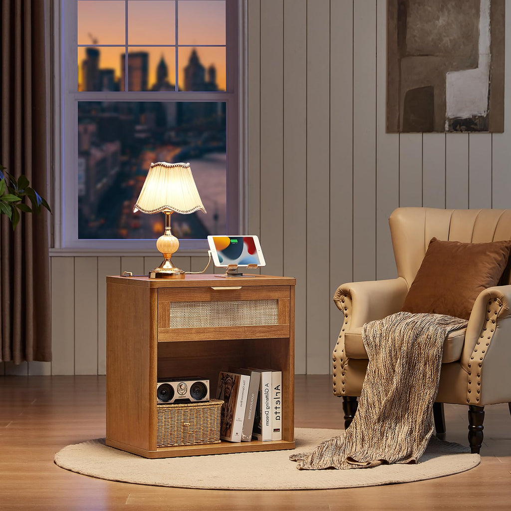Lerliuo Rattan NightStand with Charger Station, 23" Wide Boho Bedside Table with Drawers, Natural Wood Night Stand Open Storage Cabinet, Bed Side End Table Dresser for Living Room, Hallway, Bedroom