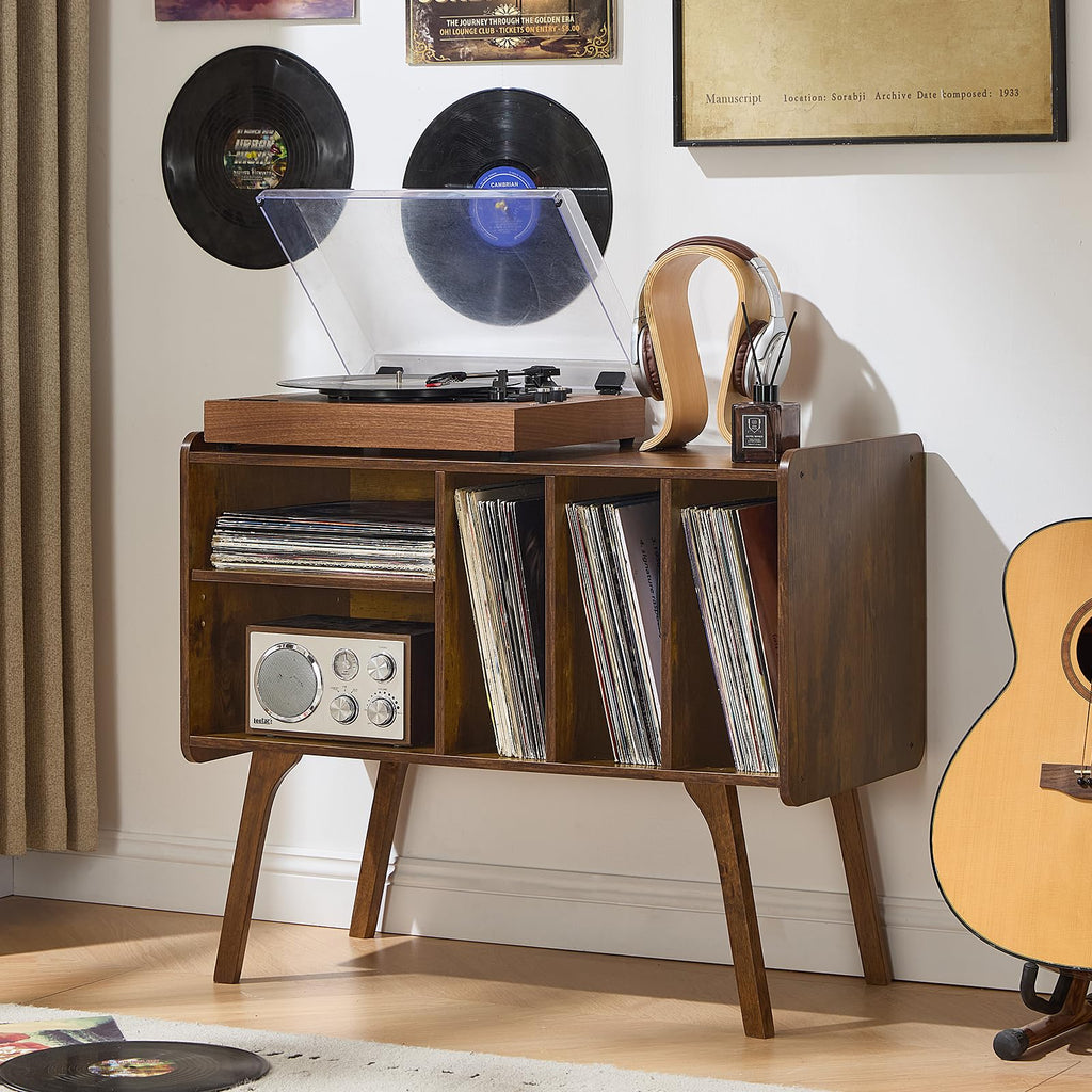 Lerliuo Record Player Stand with 4 Cabinet Holds Up to 220 Albums,Oak