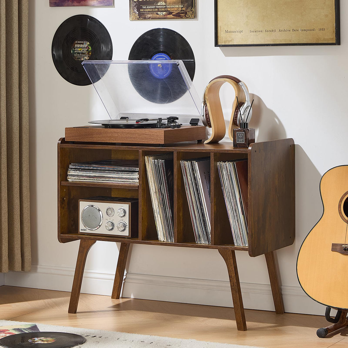 Lerliuo Record Player Stand with 4 Cabinet Holds Up to 220 Albums,Oak
