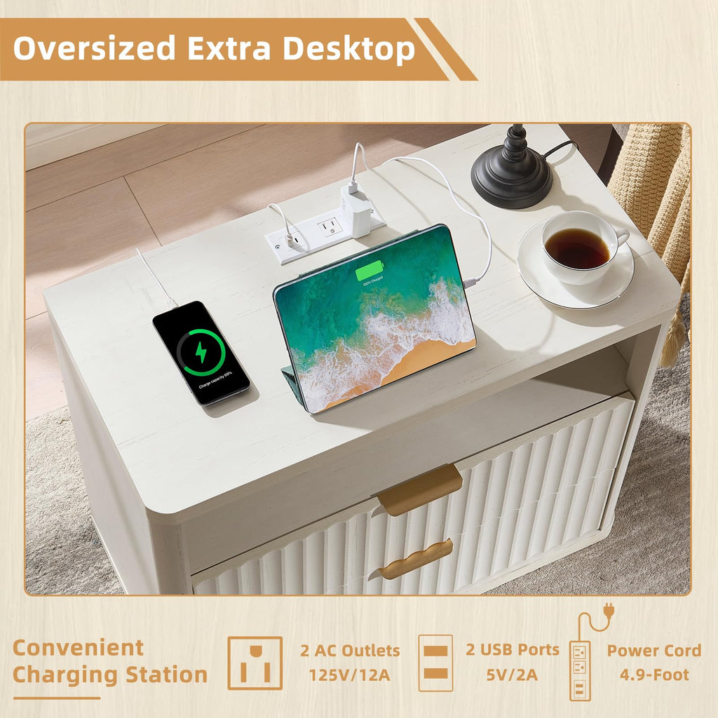 LEYAOYAO 31" Wide Fluted Nightstand with Charging Station, Oversized Extra Large 1 Drawer Night Stand with Golden Handle, Antique White Bedside Table Tall End Tables,for Bedroom, Living Room, Hallway