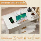 LEYAOYAO 31" Wide Fluted Nightstand with Charging Station, Oversized Extra Large 1 Drawer Night Stand with Golden Handle, Antique White Bedside Table Tall End Tables,for Bedroom, Living Room, Hallway
