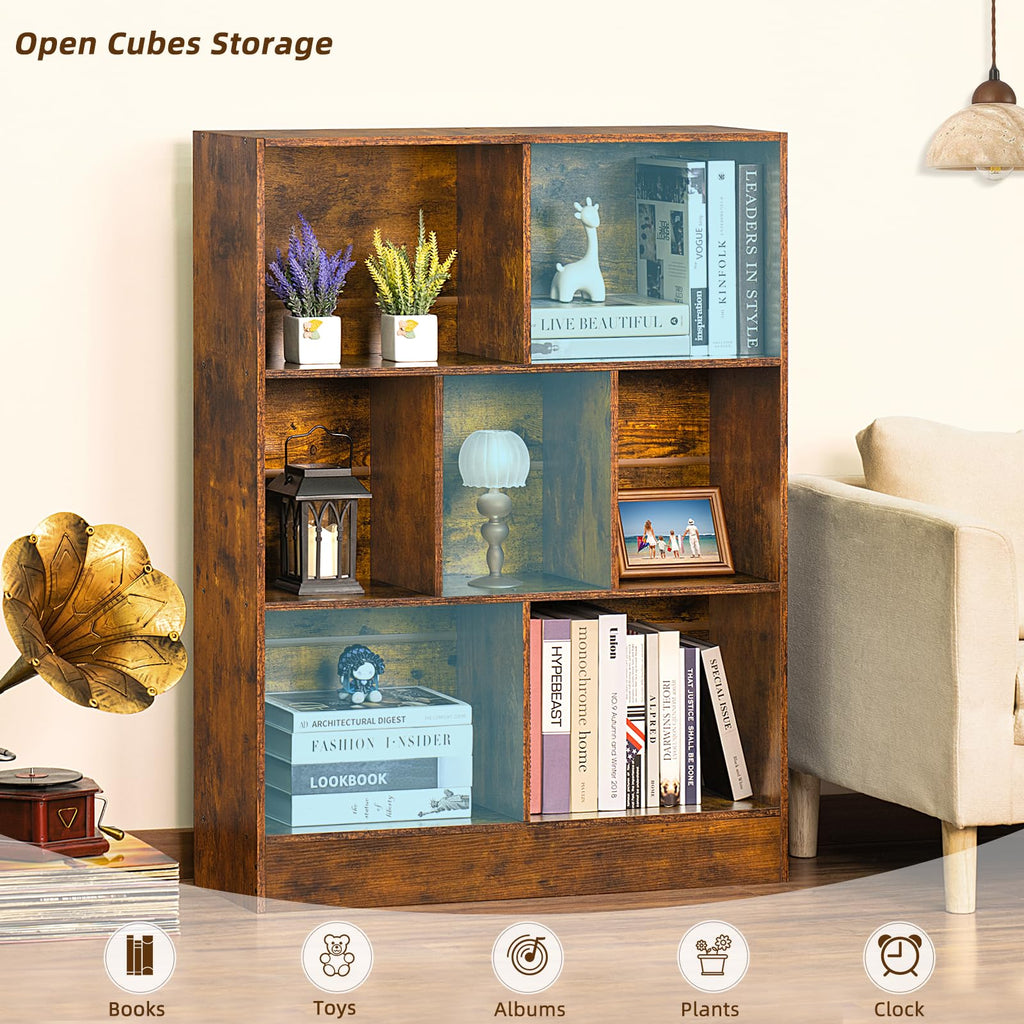 LEYAOYAO 7 Cube Bookshelf with Base,3 Tier Mid-Century Modern Blue Bookcase,Standing Wide Bookshelves Storage Organizer Shelf,Rustic Wood Display Cabinet Book Shelves for Bedroom,Living Room,Office