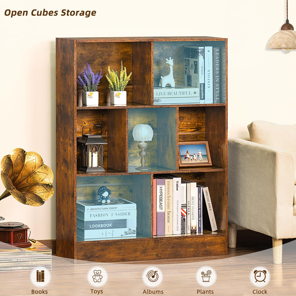 LEYAOYAO 7 Cube Bookshelf with Base,3 Tier Mid-Century Modern Blue Bookcase,Standing Wide Bookshelves Storage Organizer Shelf,Rustic Wood Display Cabinet Book Shelves for Bedroom,Living Room,Office