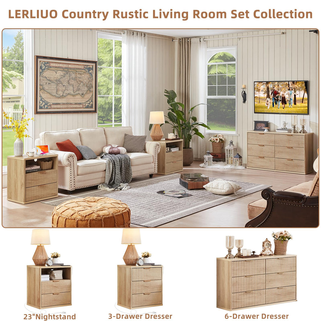 Lerliuo Fluted Nightstand with Charging Station, 23" Wide 2 Drawers End Table, Blue Night Stand with Open Storage Cabinet, Farmhouse Bed Side Tables, Wood Dresser for Bedroom