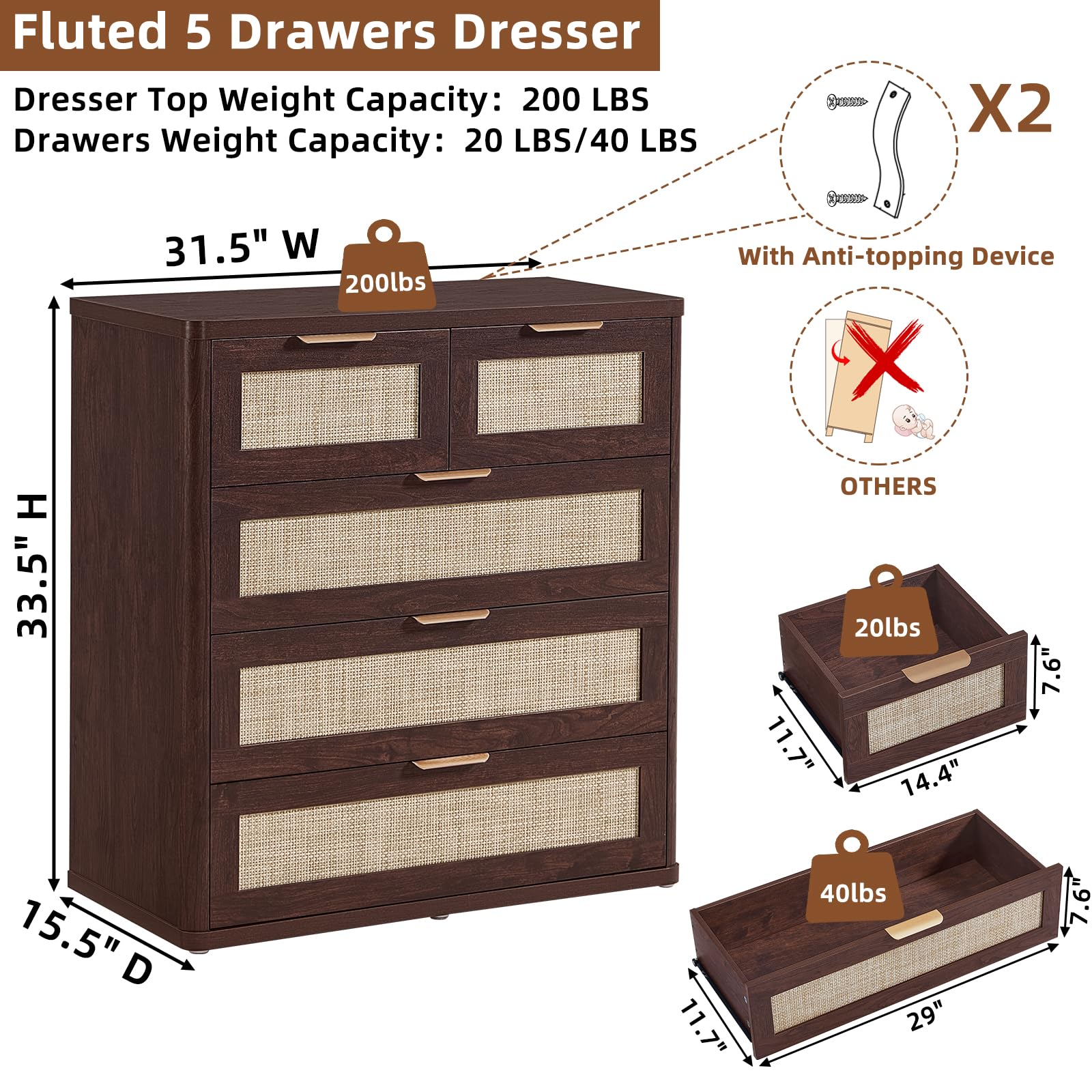 LEYAOYAO Rattan Dresser for Bedroom, 41" Tall Chest of Drawers