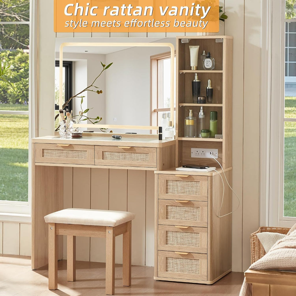 LEYAOYAO Rattan Makeup Vanity Desk with Stool, Mirror and Lights