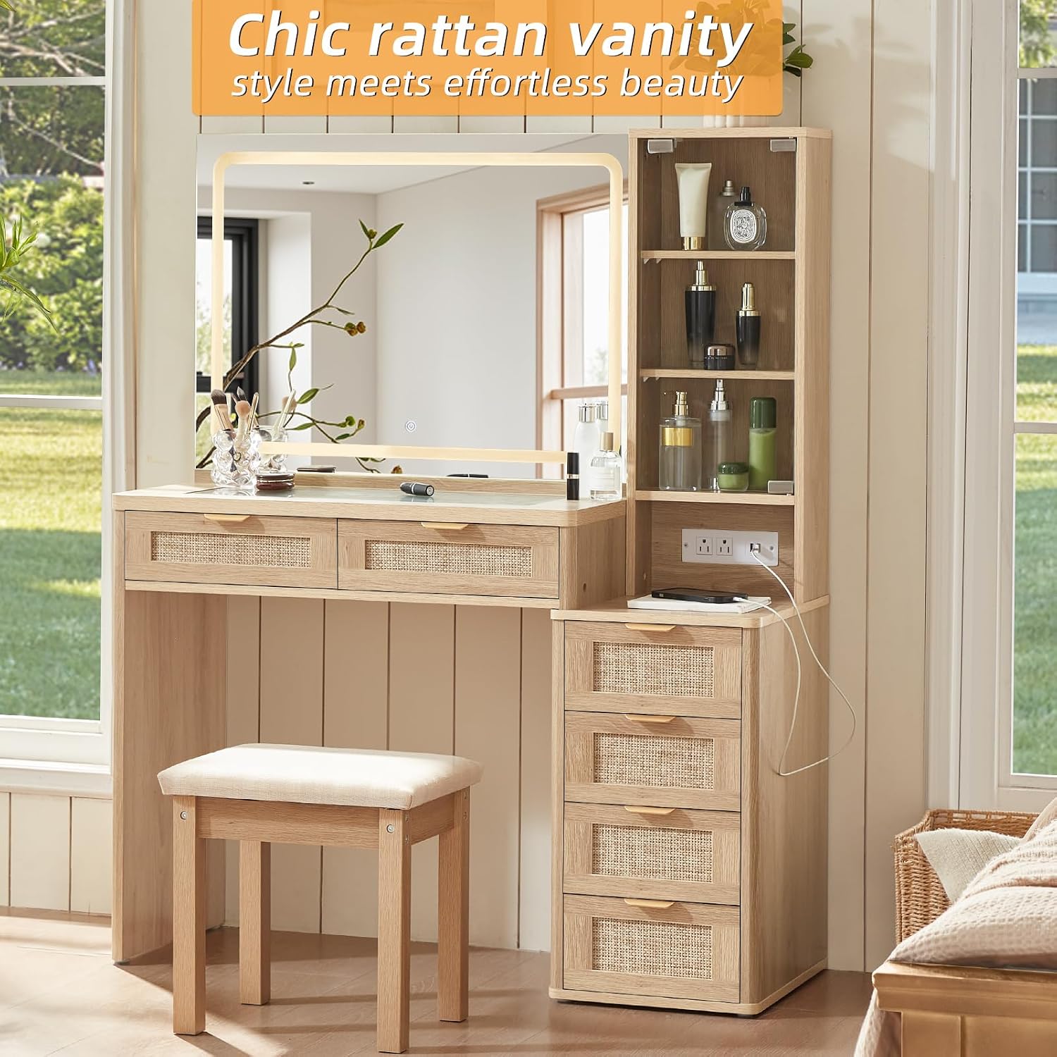 LEYAOYAO Rattan Makeup Vanity Desk with Stool, Mirror and Lights