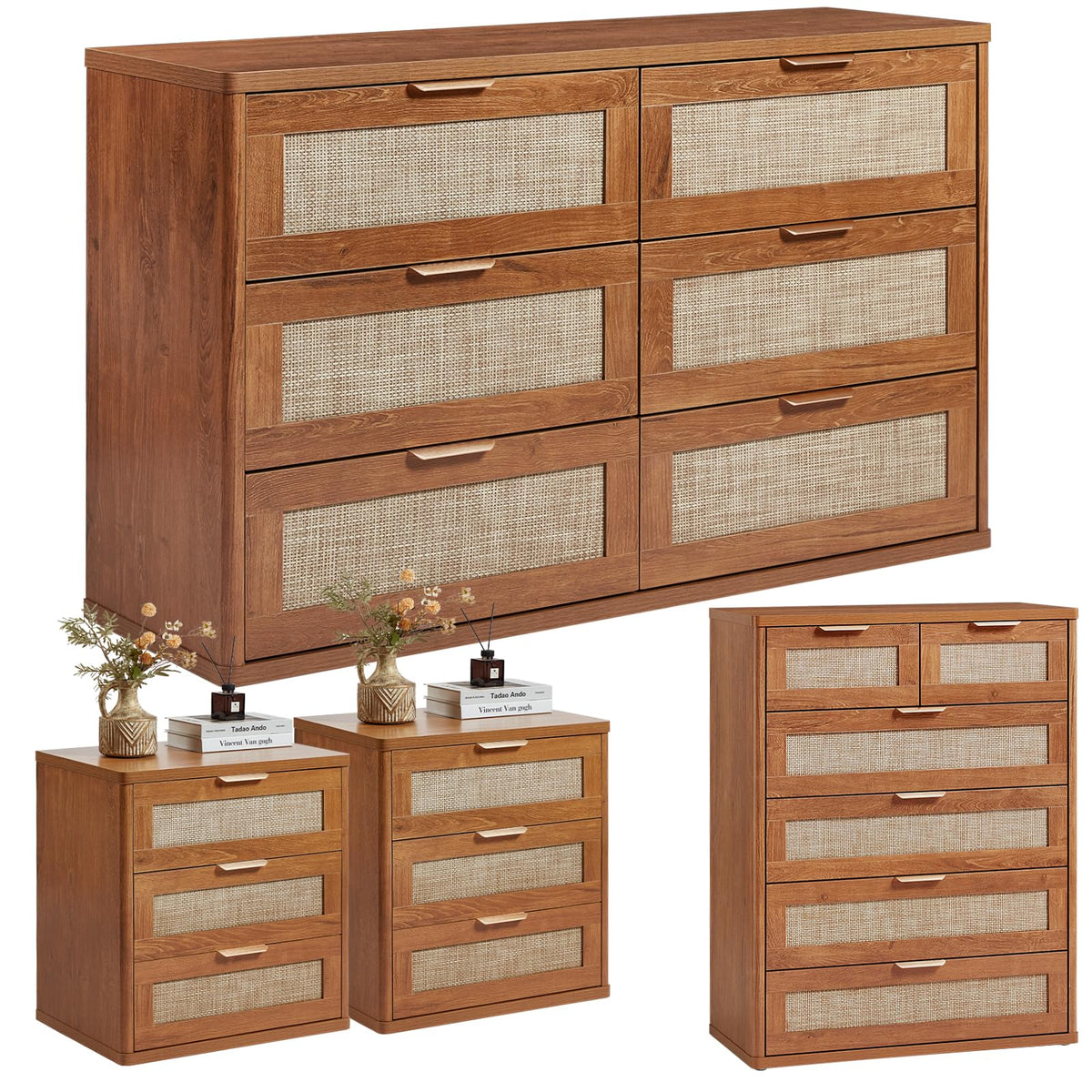 LEYAOYAO Rattan Dresser and Nightstand Sets 4 Piece, Natural