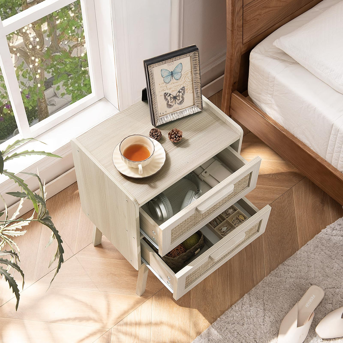 Lerliuo Rattan Nightstands Set of 2 for Bedroom, 2 Drawers