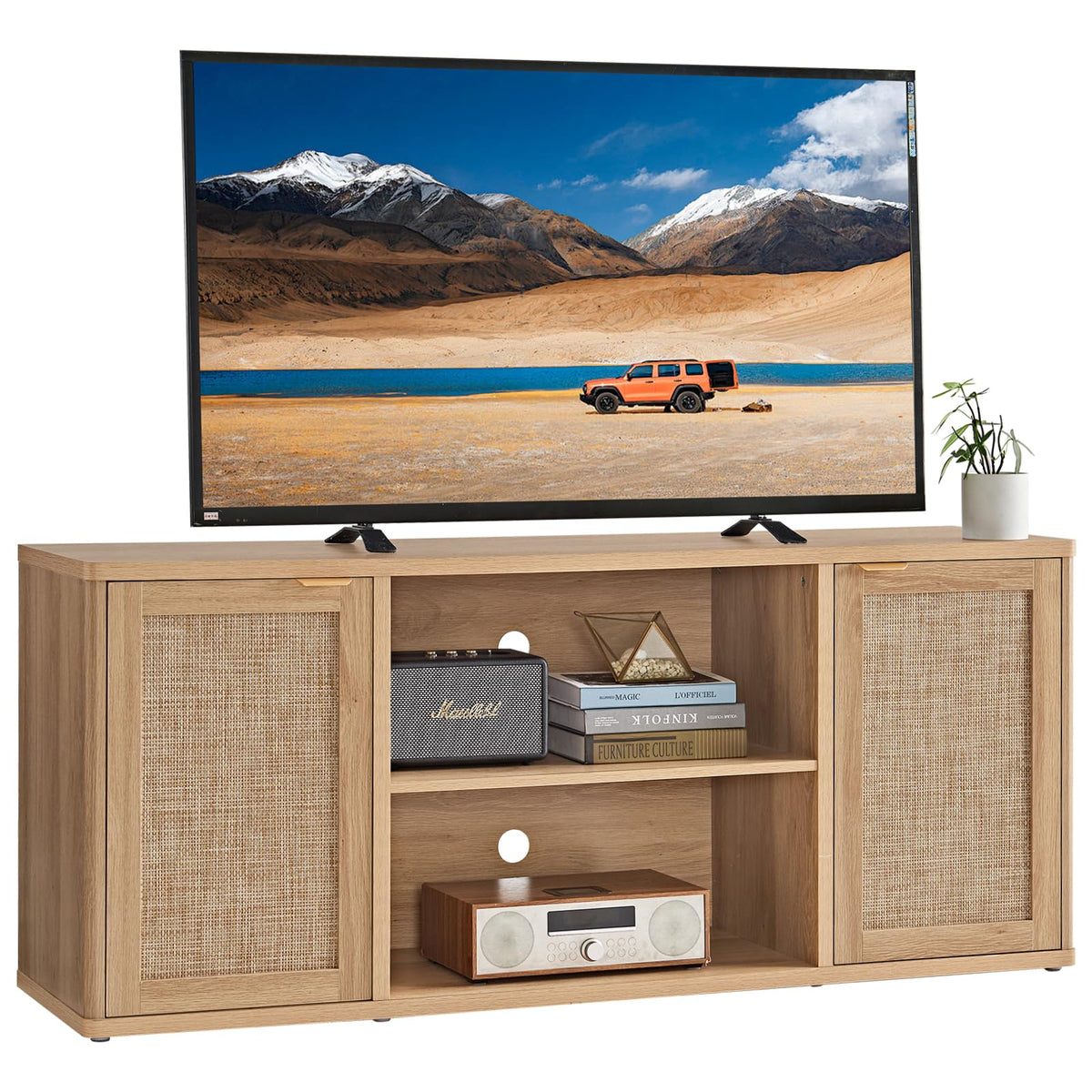 LEYAOYAO Rattan TV Stands for Living Room, Walnut