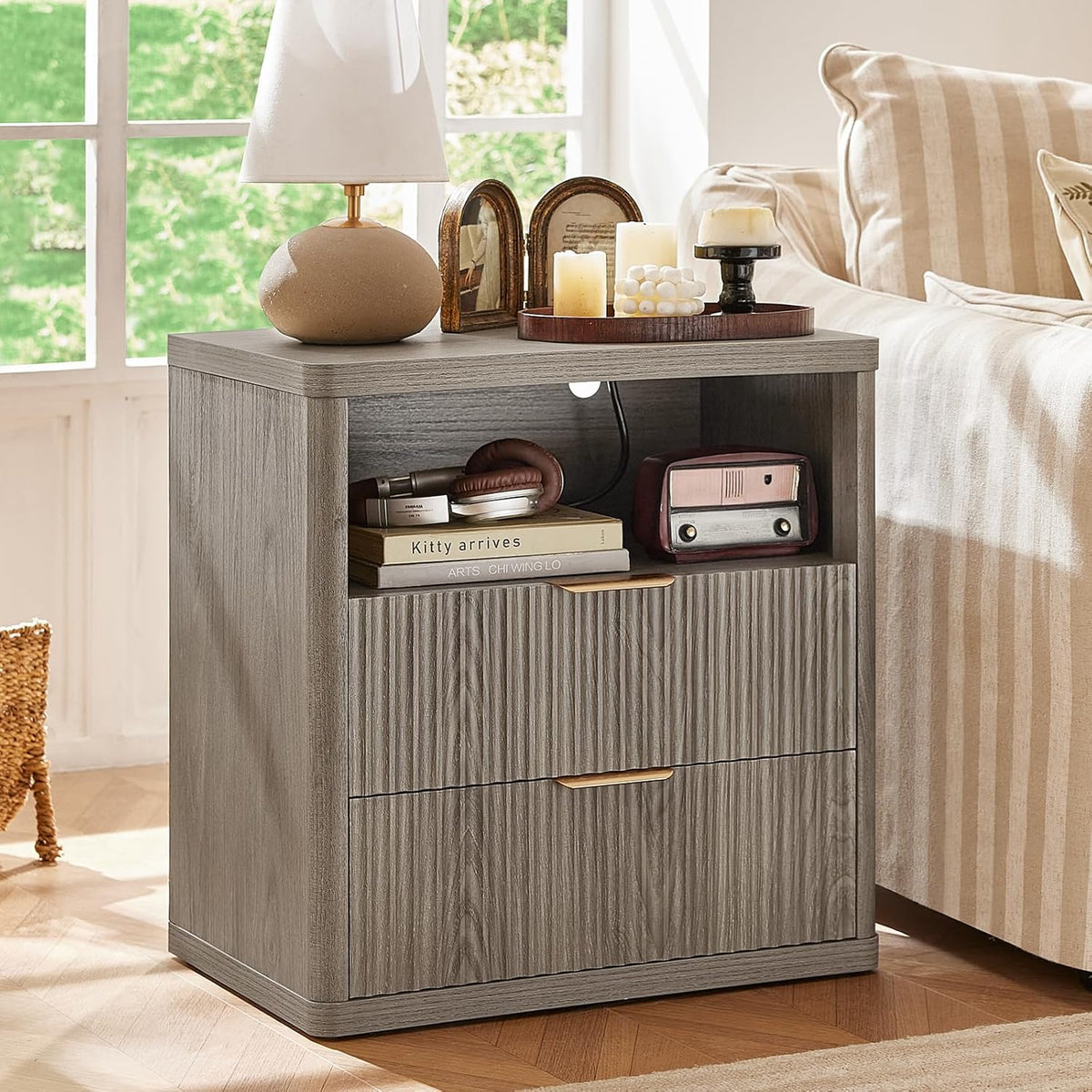 LEYAOYAO 23" Wide Fluted Night Stand with Charging Station, 2 Drawers Large End Table with Storage, LightGrey Nightstand Wood Bedside Tables, Farmhouse Cabinet Dresser for Bedroom, Closet