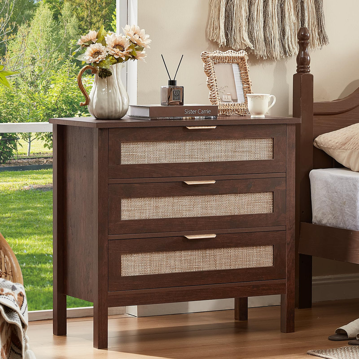LEYAOYAO 26.8" Wide Rattan Nightstands Set of 2, Large Boho Night Stand