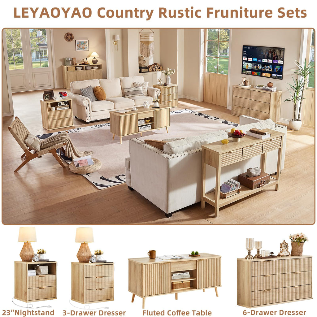 LEYAOYAO Fluted Lift Top Coffee Table and Night Stand Set,Wood 48" Wide Center Tables & 23" with Charging Station Chest of Drawers,Farmhouse Living Room Suites for Bedroom Home,Brown