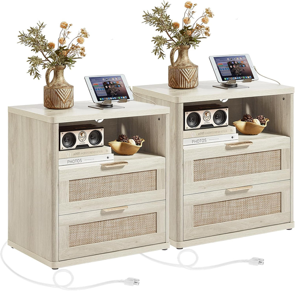 LEYAOYAO Boho Night Stands Set 2 with Charging Station, 23" Rattan Nightstand with 2 Drawers, White Bed Side Table, Bedside End Tables for Bedroom, Living Room Hallway