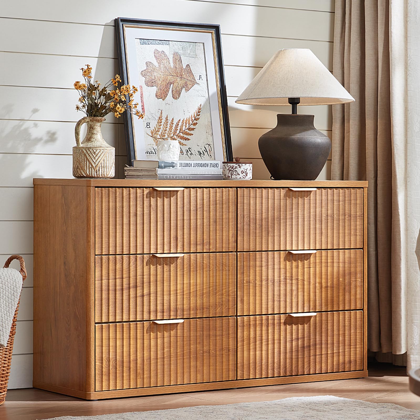 LEYAOYAO Fluted Dressers & Nightstand Set of 4, Wood 48" Wide Dresser & 42" Tall Chest of Drawers,Modern Bedroom Furniture Sets, Black Wooden Nightstand Set of 2 with 2 Drawers & Charging Station