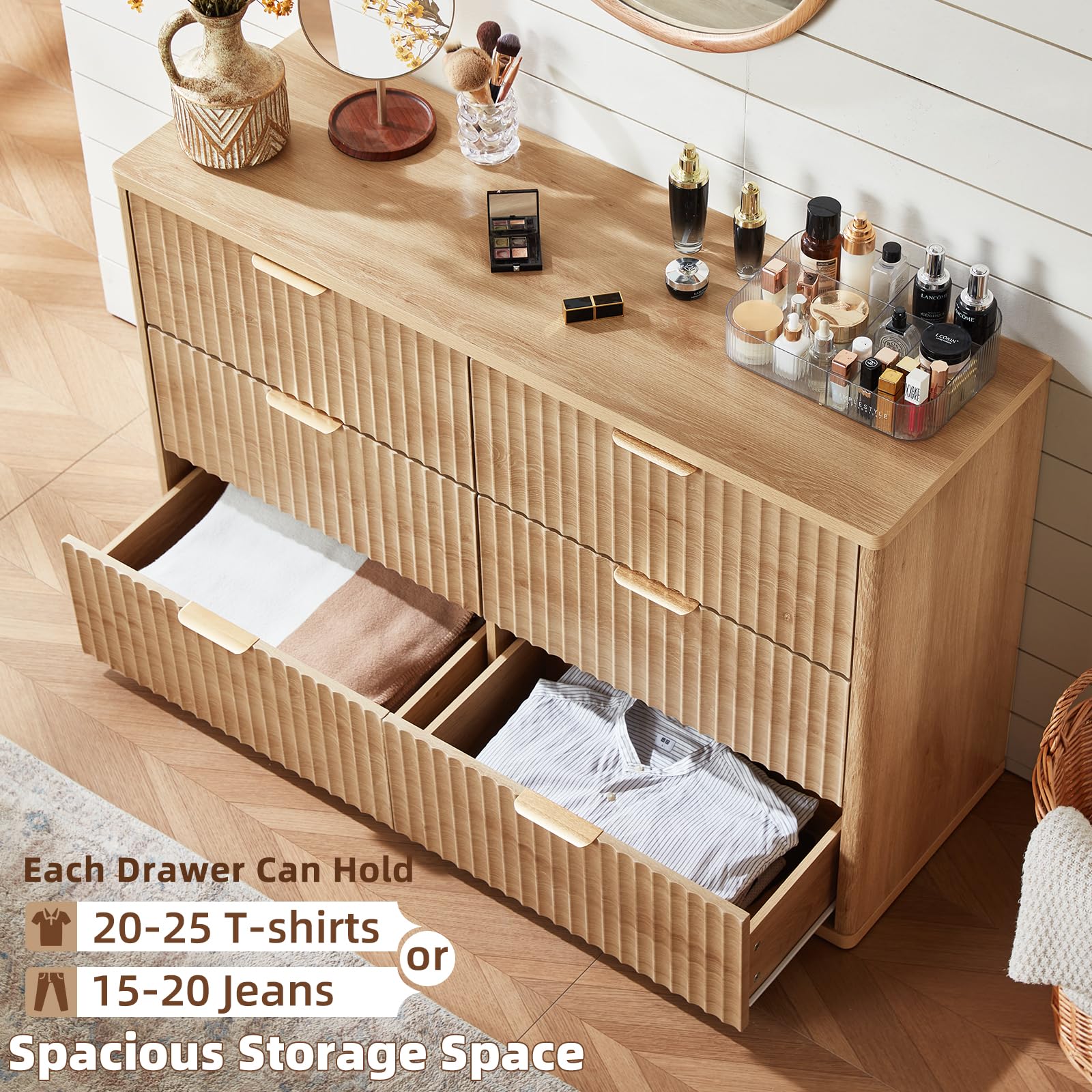 LEYAOYAO Fluted 5 Drawers Dresser for Bedroom, 41" Tall Modern Chest of Drawers with Metal Handle, Curved Profile Design,Natural Wood Drawer Organizer for Bedroom, Living Room, Hallway, Entryway