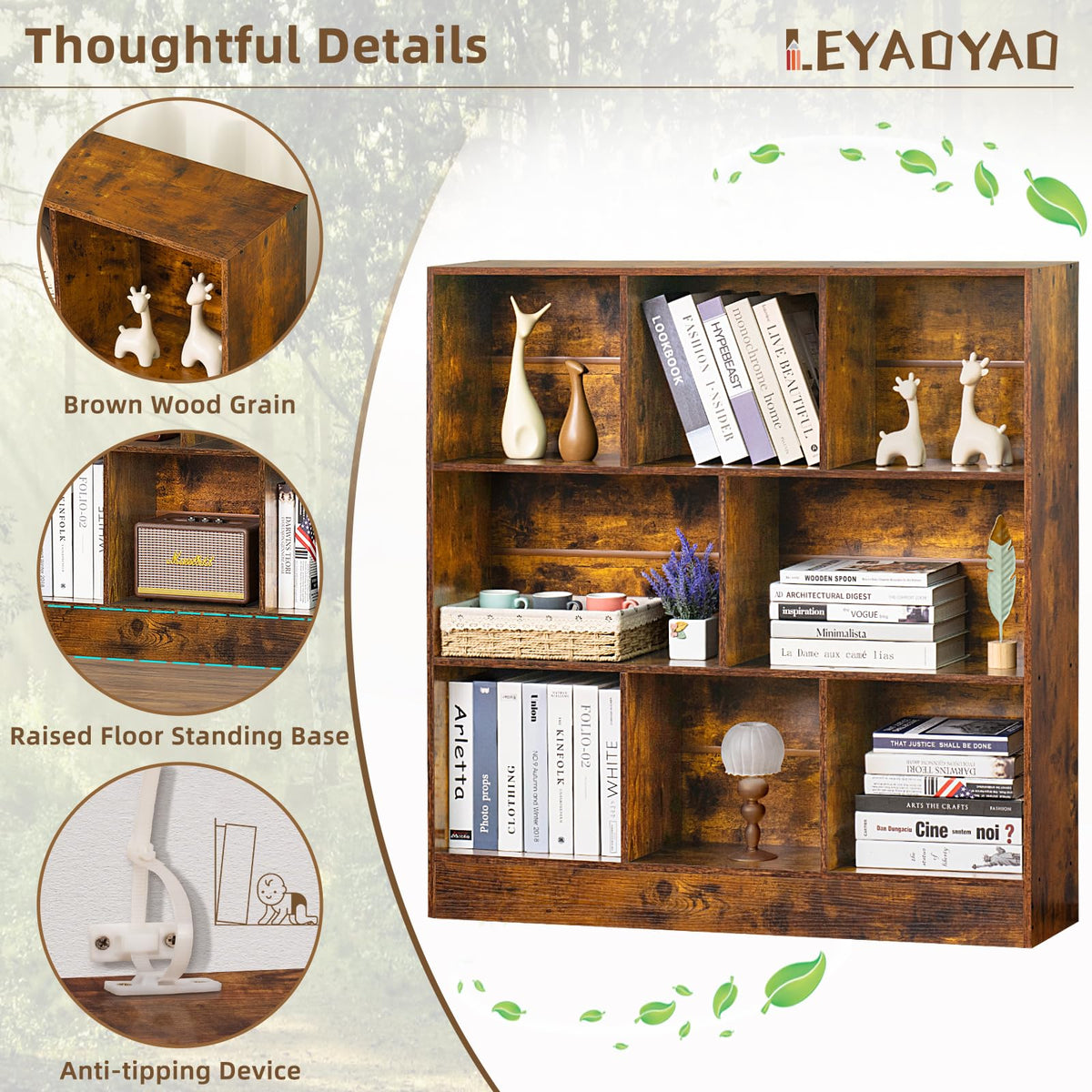 LEYAOYAO 7 Cube Bookshelf with Base,3 Tier Mid-Century Modern Blue Bookcase,Standing Wide Bookshelves Storage Organizer Shelf,Rustic Wood Display Cabinet Book Shelves for Bedroom,Living Room,Office