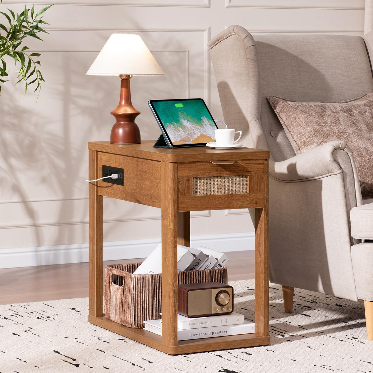 LEYAOYAO Narrow Side Table with Charging Station, Rattan 24 x 14''