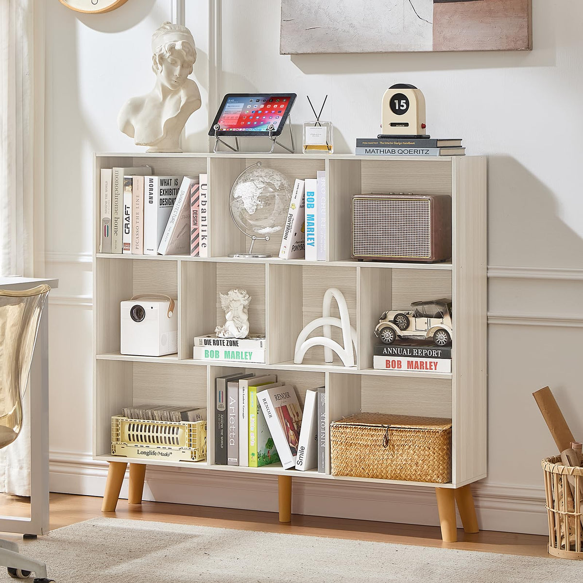 LEYAOYAO Cube Bookshelf, Mid-Century Modern Book Shelf with Legs, Brown