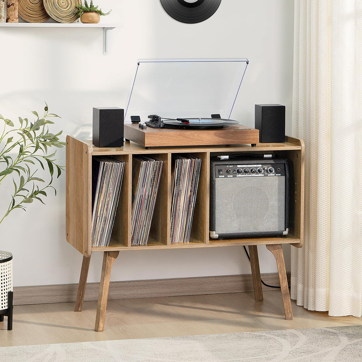 Lerliuo Record Player Stand with Charging Station Up to 220 Albums,Black