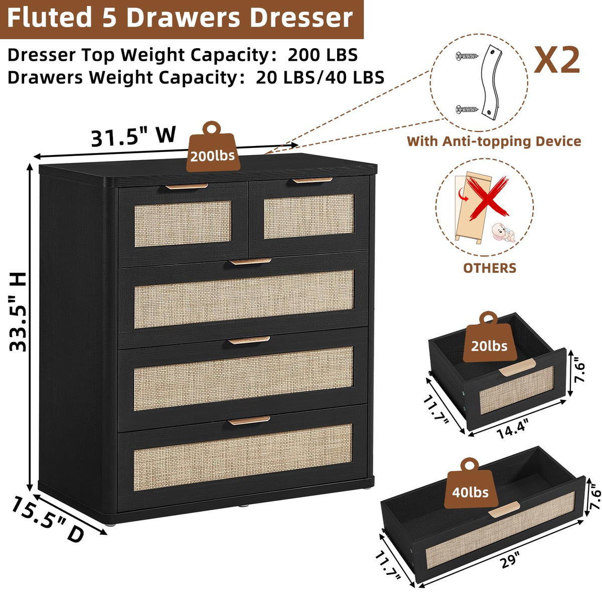 LEYAOYAO Rattan Dresser for Bedroom, 41" Tall Chest of Drawers