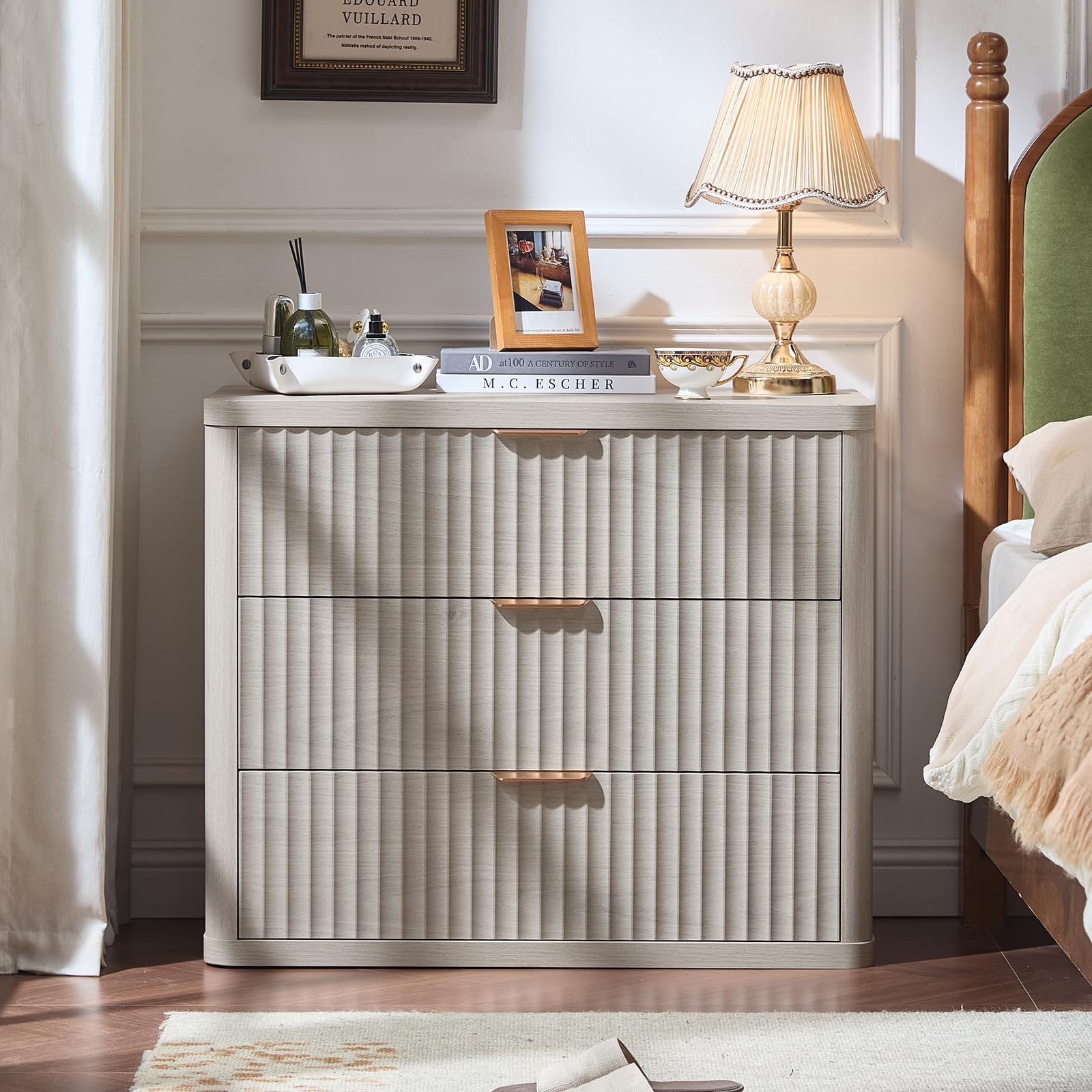 LEYAOYAO 31.5" Wide Fluted Nightstand, Oversized Night Stand, Antique White