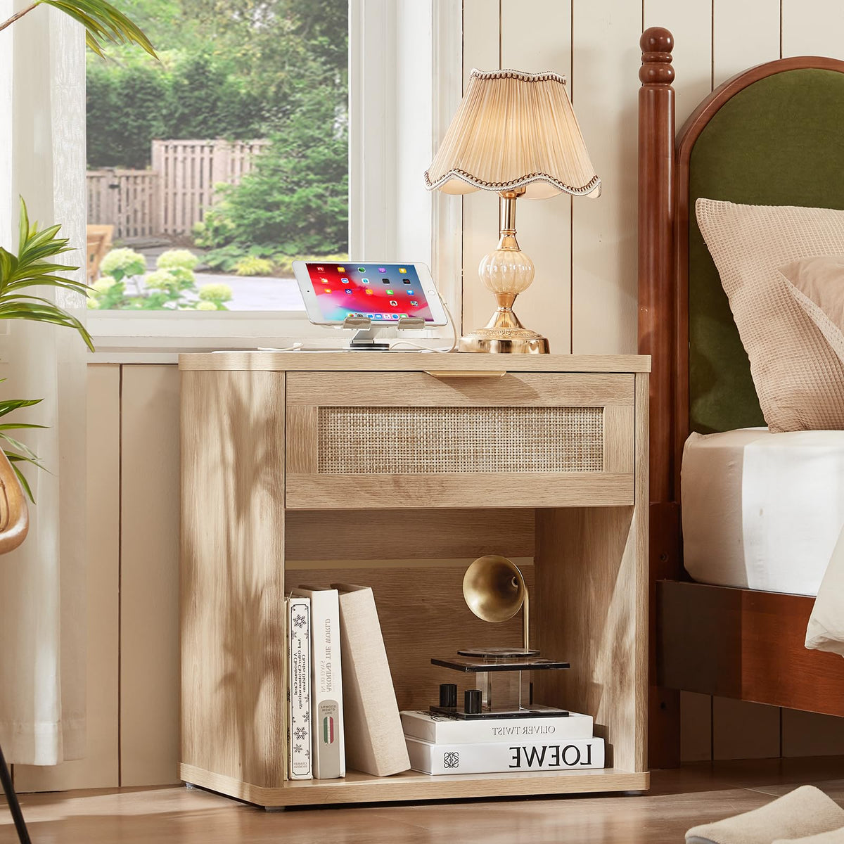 Lerliuo Rattan NightStand with Charger Station, 23" Wide Boho Bedside Table with Drawers, Natural Wood Night Stand Open Storage Cabinet, Bed Side End Table Dresser for Living Room, Hallway, Bedroom