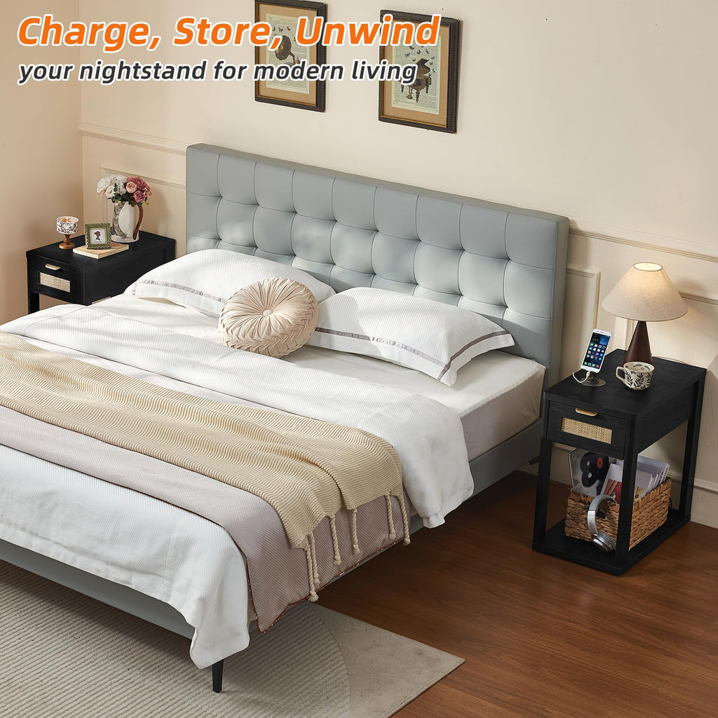 LEYAOYAO Narrow Side Table with Charging Station, Rattan 24 x 14''