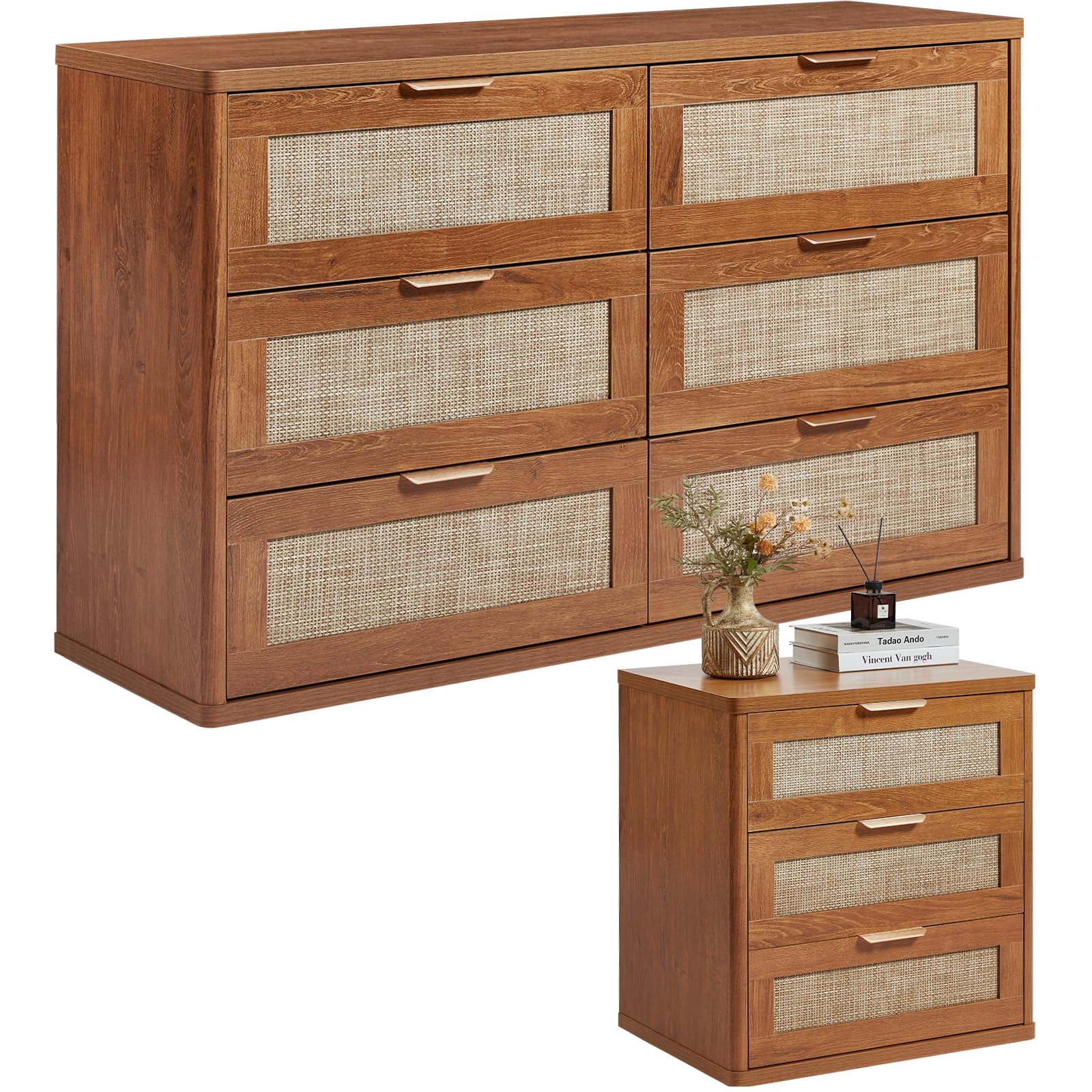 LEYAOYAO Rattan Dresser and Nightstand Sets 3 Piece, Natural