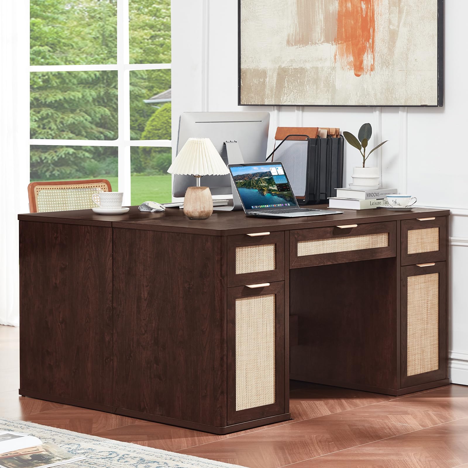 LEYAOYAO Office Desk 56" with 5 Drawers Storage File Cabinet, Natural