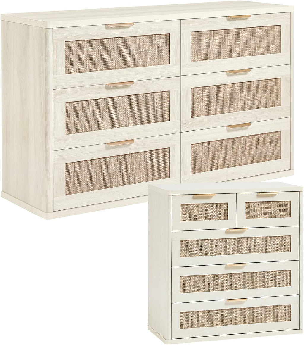 LEYAOYAO Rattan Bedroom Dresser Set of 2, Boho Wood 48" Wide 6 Drawers Dresser for Bedroom and 31.5" Tall 5 Drawers Dressers, Bedrooms Furniture, Dressers & Chests of Drawers, Living Room, Hallway