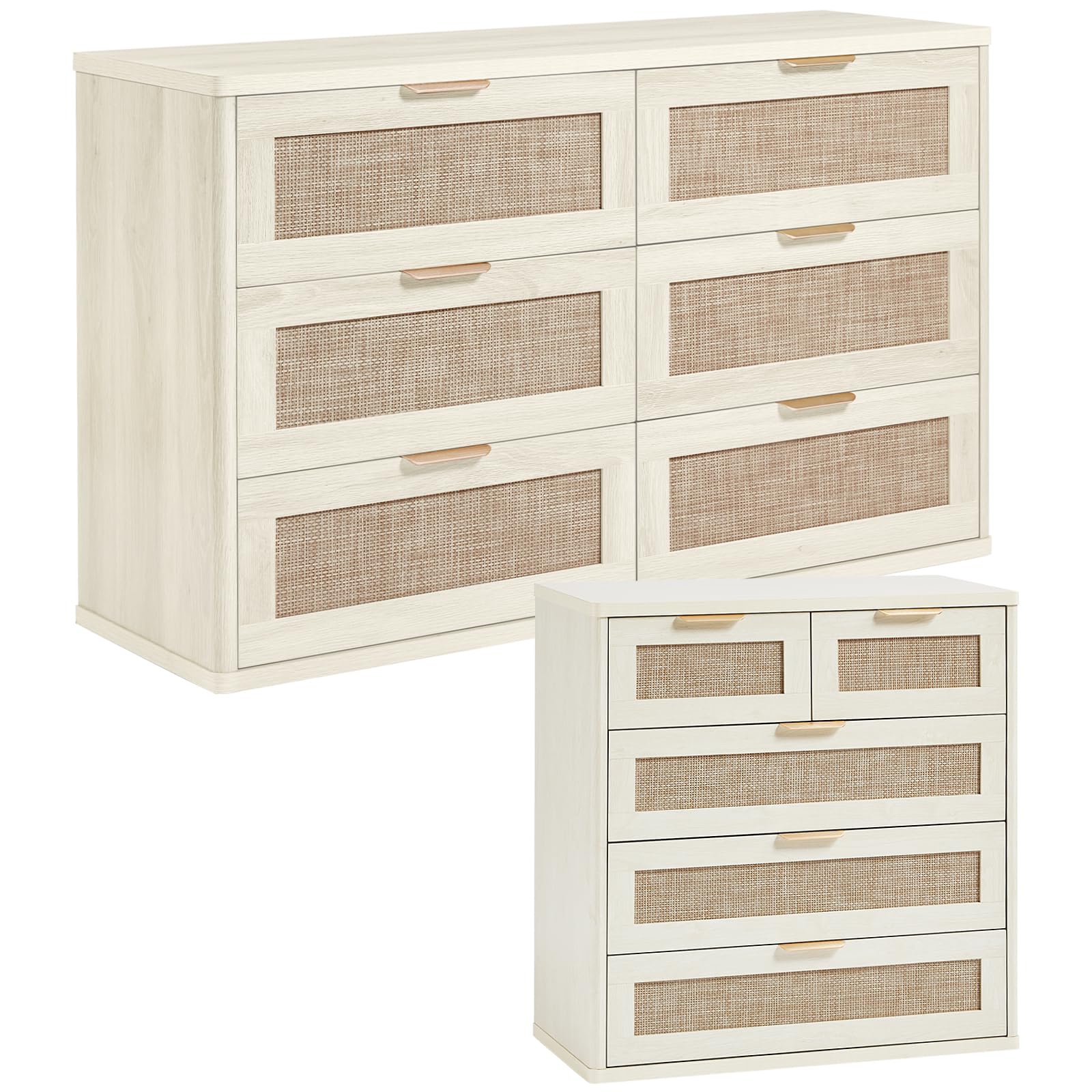 LEYAOYAO Rattan Bedroom Dresser Set of 2, Boho Wood 48" Wide 6 Drawers Dresser for Bedroom and 31.5" Tall 5 Drawers Dressers, Bedrooms Furniture, Dressers & Chests of Drawers, Living Room, Hallway
