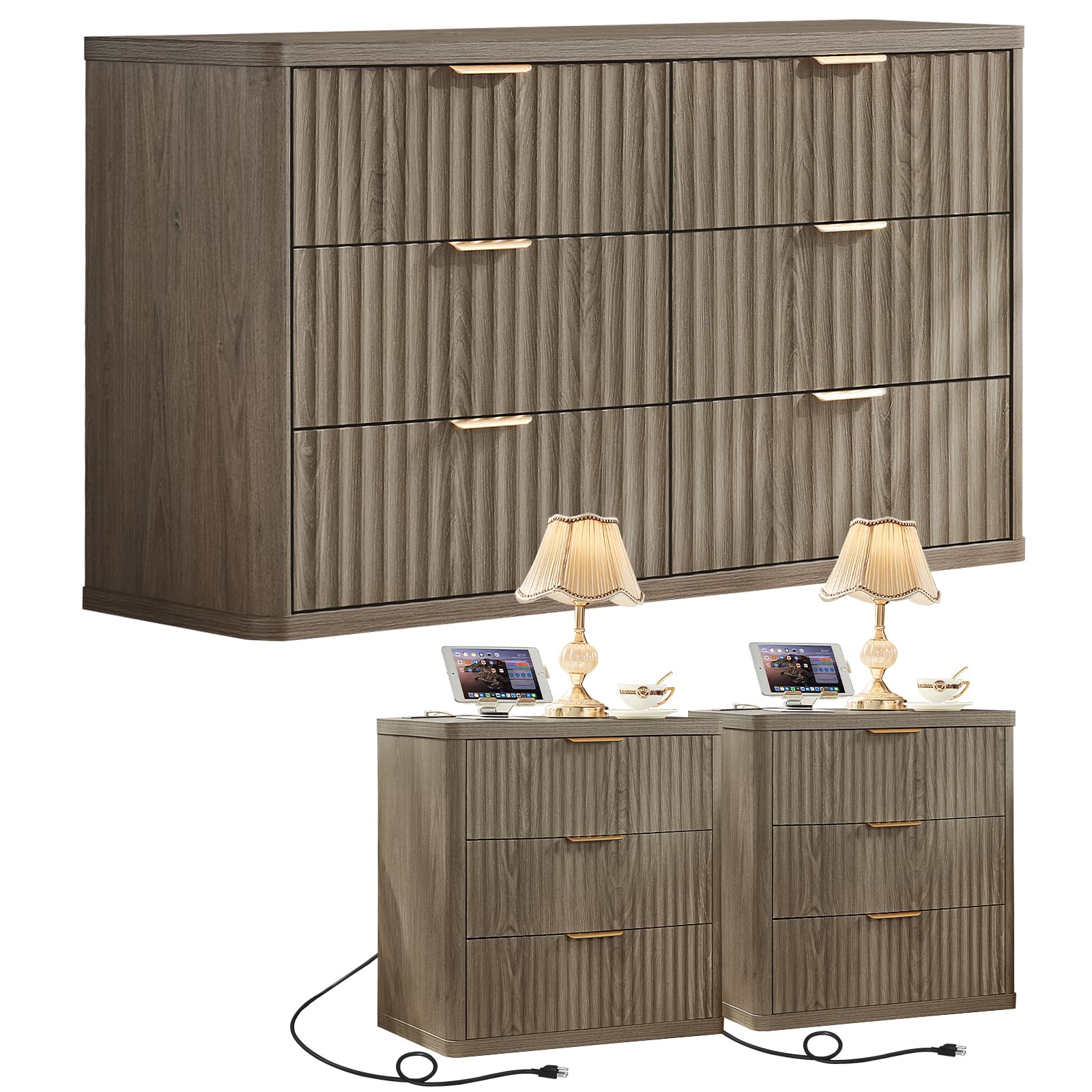 LEYAOYAO Fluted Dressers & Nightstand Set of 4, Wood 48" Wide Dresser & 42" Tall Chest of Drawers,Modern Bedroom Furniture Sets, Natural Wooden Nightstand Set of 2 with 3 Drawers & Charging Station