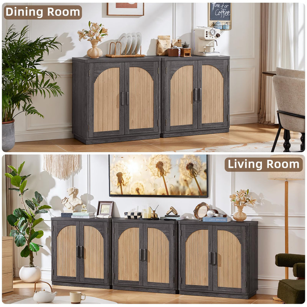 LEYAOYAO Fluted Buffet Cabinet with Storage, 31.5" Coffee Bar Cabinet with Arch Doors & Adjustable Shelves, Mid Century Modern Sideboard, Wood Credenza for Kitchen, Living Room, Natural