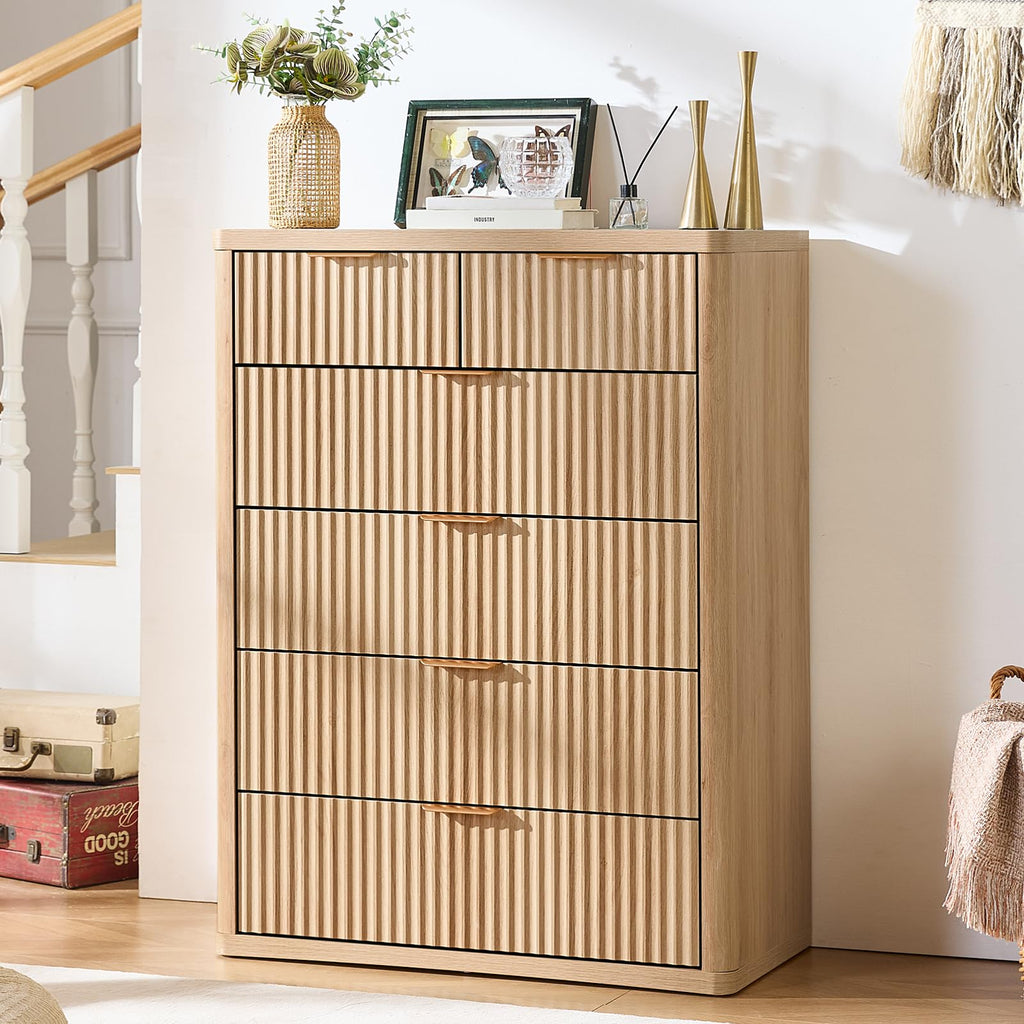 LEYAOYAO Fluted 6 Drawers Dresser for Bedroom Set of 2, 42" Tall Modern Chest of Drawer with Metal Handle, Curved Profile Design,Brown Wood Drawer Organizer for Bedroom, Living Room, Hallway