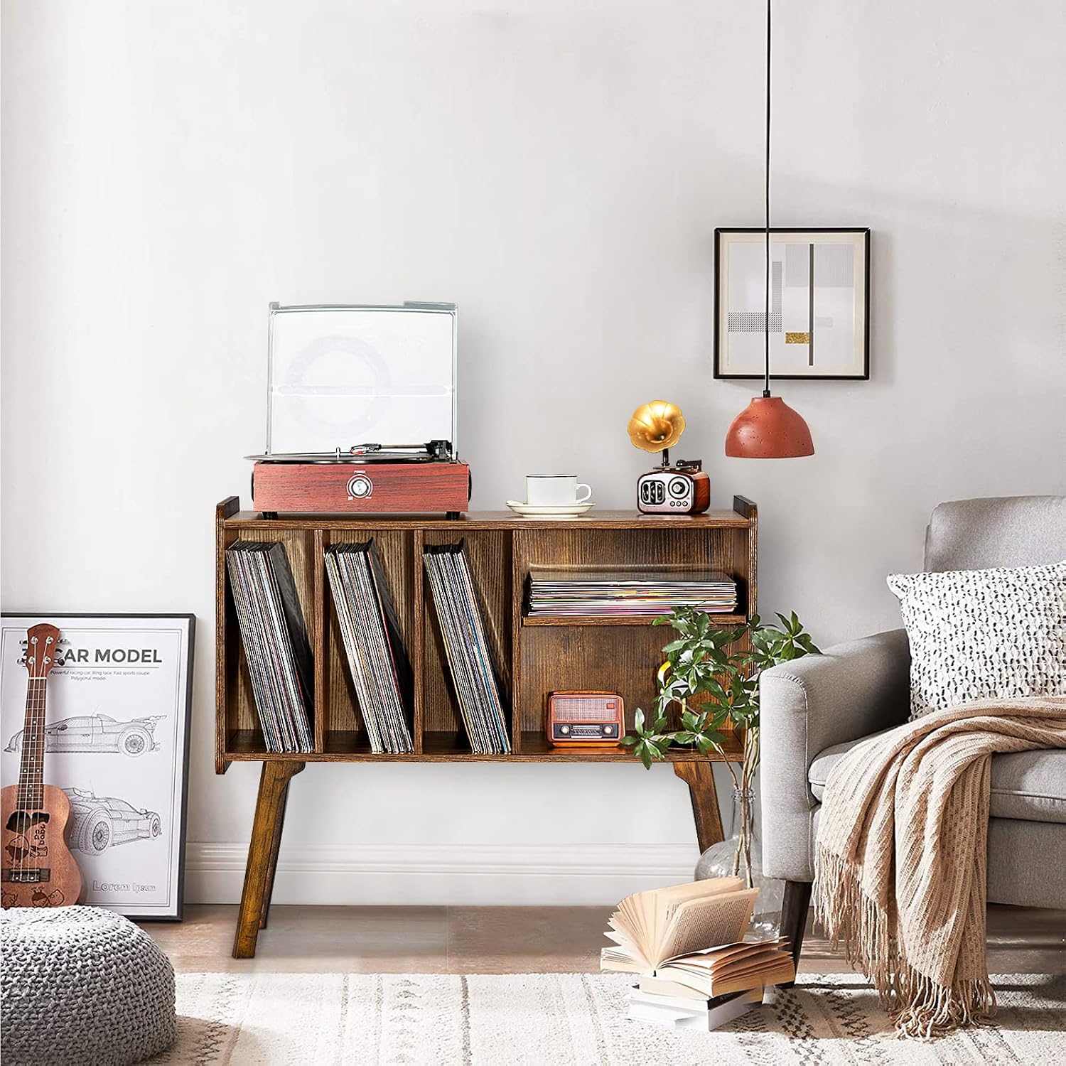 LEYAOYAO Brown Bookshelf and Record Player Stand