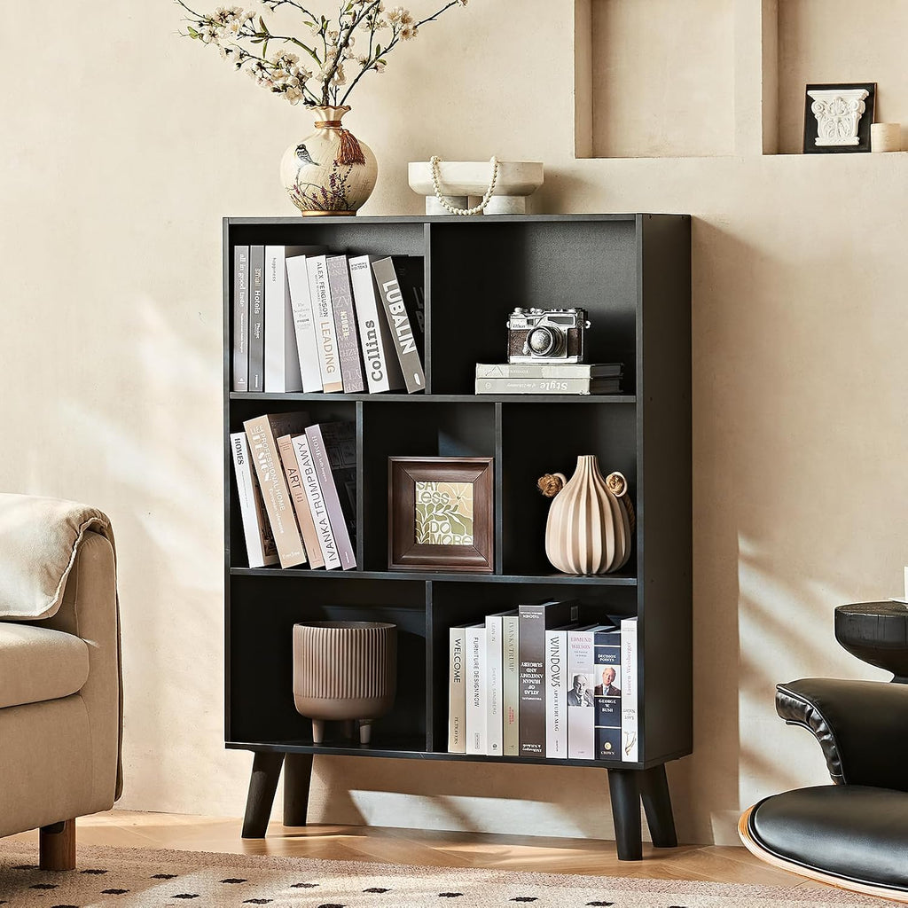 LEYAOYAO 7 Cube Bookshelf, Mid-Century Modern Bookcase Legs,Black Wooden Book Shelves, Wood 3-Tier Freestanding Storage Organizer Display Shelf for Bedroom,Living Room,Office