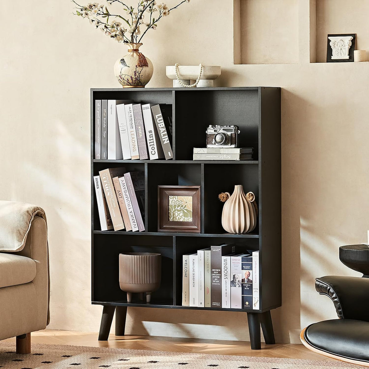 LEYAOYAO 7 Cube Bookshelf, Mid-Century Modern Bookcase Legs,Black Wooden Book Shelves, Wood 3-Tier Freestanding Storage Organizer Display Shelf for Bedroom,Living Room,Office