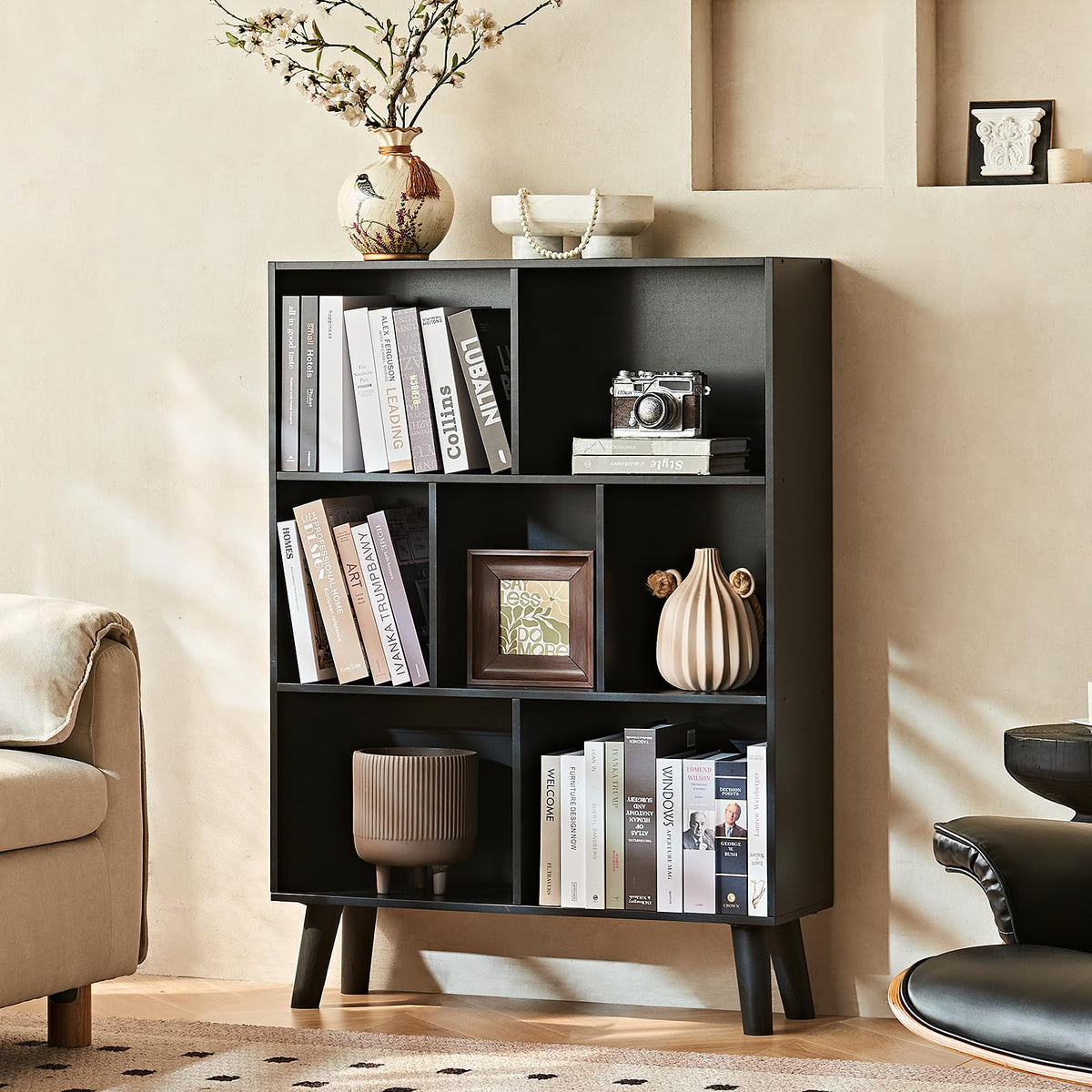 LEYAOYAO 7 Cube Bookshelf, Mid-Century Modern Bookcase Legs,Black Wooden Book Shelves, Wood 3-Tier Freestanding Storage Organizer Display Shelf for Bedroom,Living Room,Office