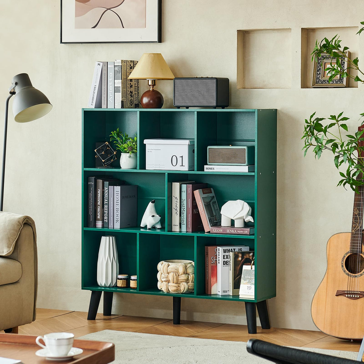 LEYAOYAO 7 Cube Bookshelf, Mid-Century Modern Bookcase Legs,Black Wooden Book Shelves, Wood 3-Tier Freestanding Storage Organizer Display Shelf for Bedroom,Living Room,Office