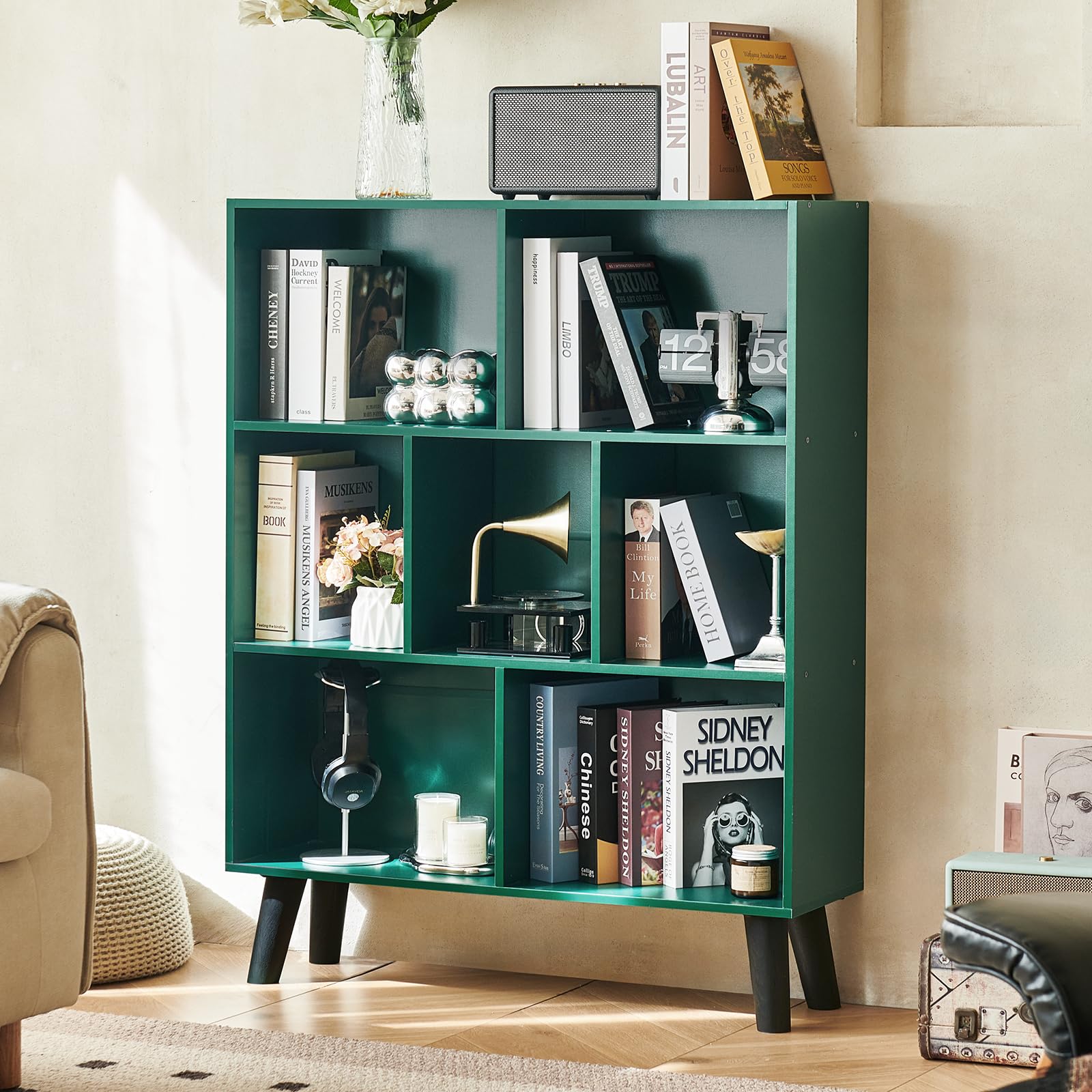 LEYAOYAO 7 Cube Bookshelf, Mid-Century Modern Bookcase Legs,Black Wooden Book Shelves, Wood 3-Tier Freestanding Storage Organizer Display Shelf for Bedroom,Living Room,Office