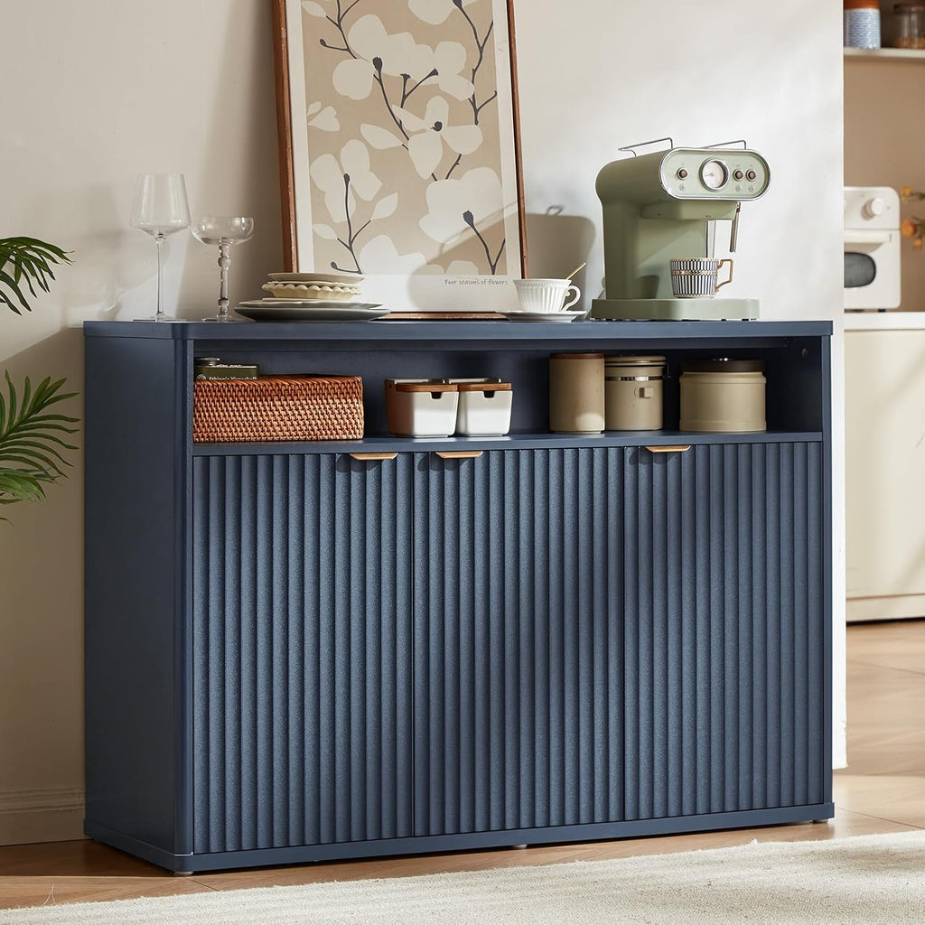 LEYAOYAO 45-Inch Fluted Buffet Cabinet with 3 Doors,Dark Blue