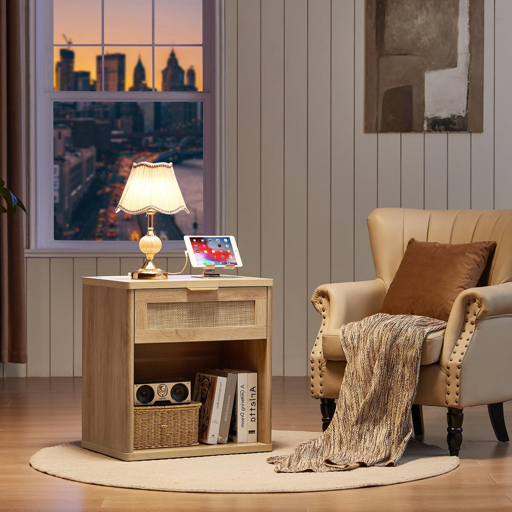 Lerliuo Rattan NightStand with Charger Station, 23" Wide Boho Bedside Table with Drawers, Natural Wood Night Stand Open Storage Cabinet, Bed Side End Table Dresser for Living Room, Hallway, Bedroom