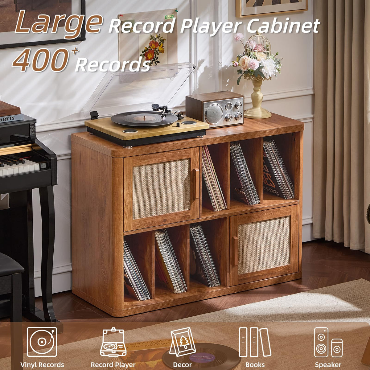LEYAOYAO Large Record Player Stand with Vinyl Storage Up to 450 Albums, Wood Fluted Record Storage Accent Cabinet, Modern Stereo Media Cabinets, Wide Turntable Stand for Living Room, Antique White