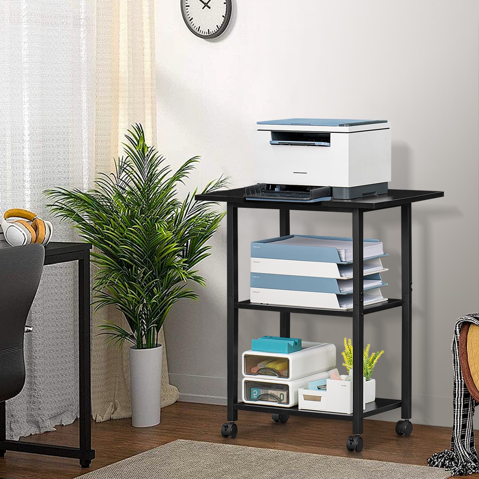 Lerliuo 3-Tier Printer Stand, Industrial Mobile Printer Table with Storage Shelf and Steel Frame, Rolling Printer Cart Holder with Lockable Wheels for Home, Office (White)