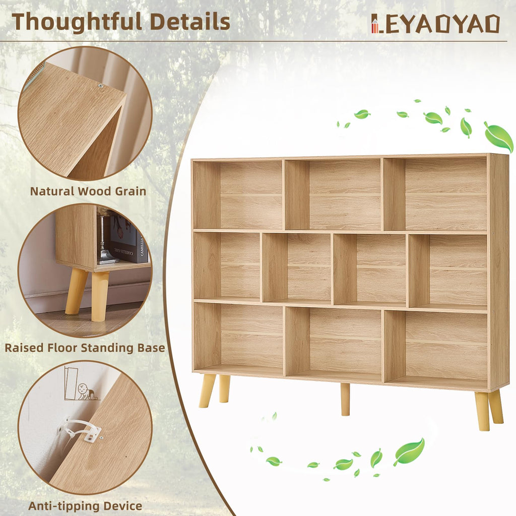 LEYAOYAO Cube Bookshelf, Mid-Century Modern Book Shelf with Legs, Brown