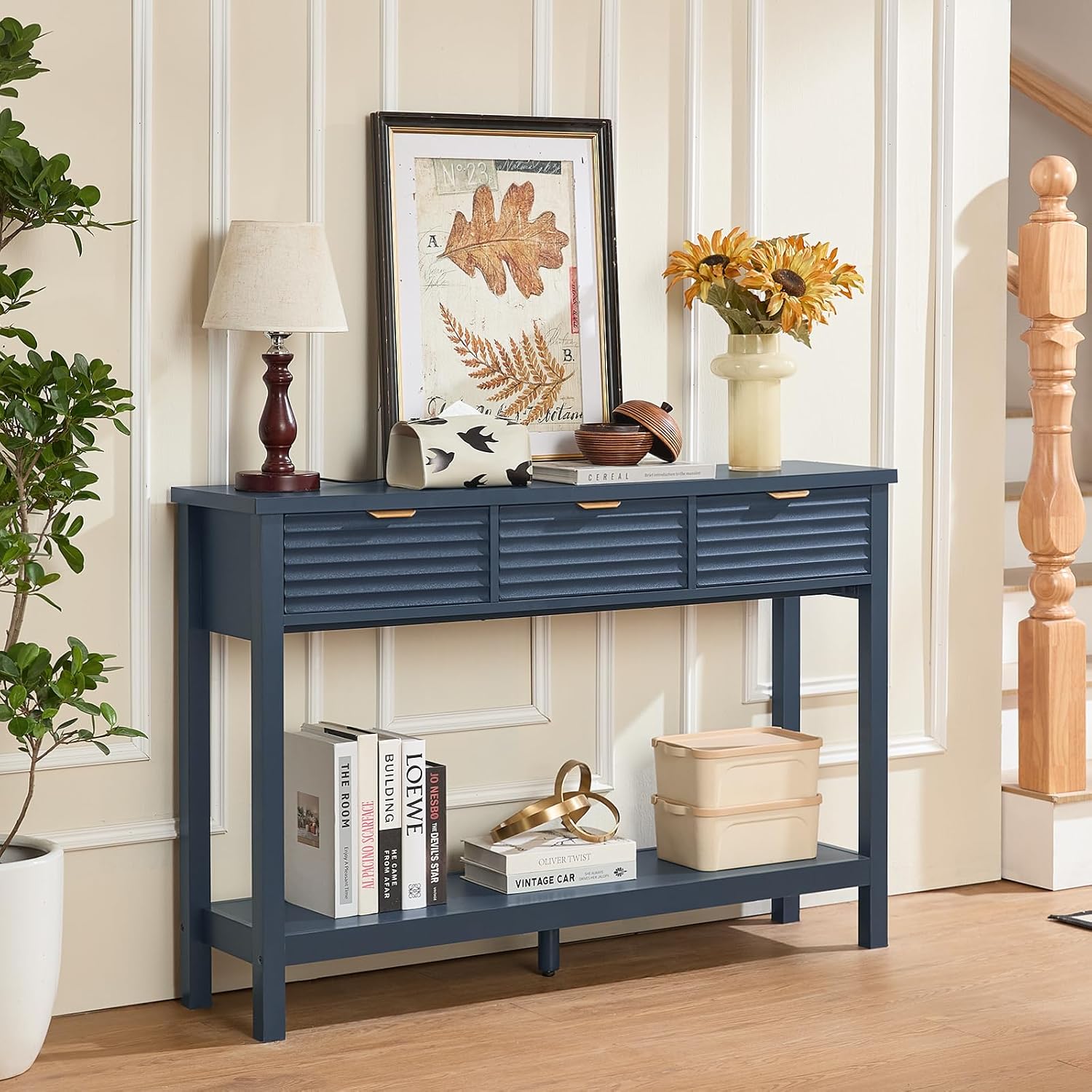 LEYAOYAO 47.2" Fluted Console Table with 3 Drawers, Blue Entryway Table