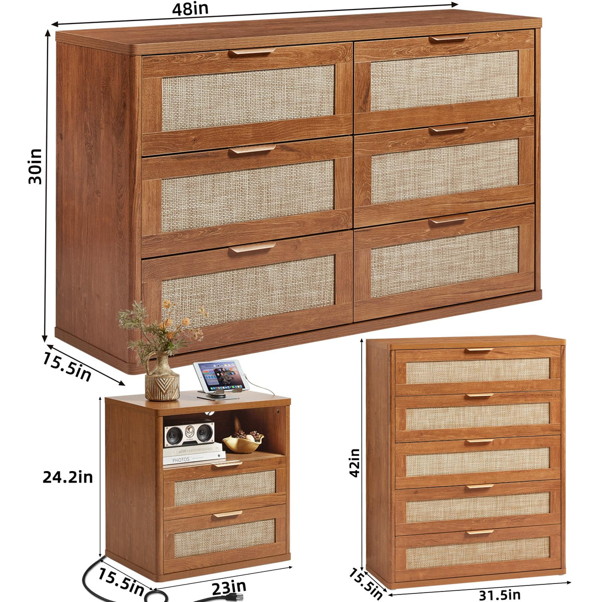 LEYAOYAO Rattan Dresser and Nightstand Sets 4 Piece, Grey White